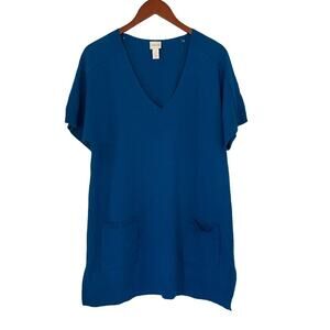 Chico's Peacock Blue Cotton/Silk Blend Short Sleeve V-Neck Pocket Tunic Size L